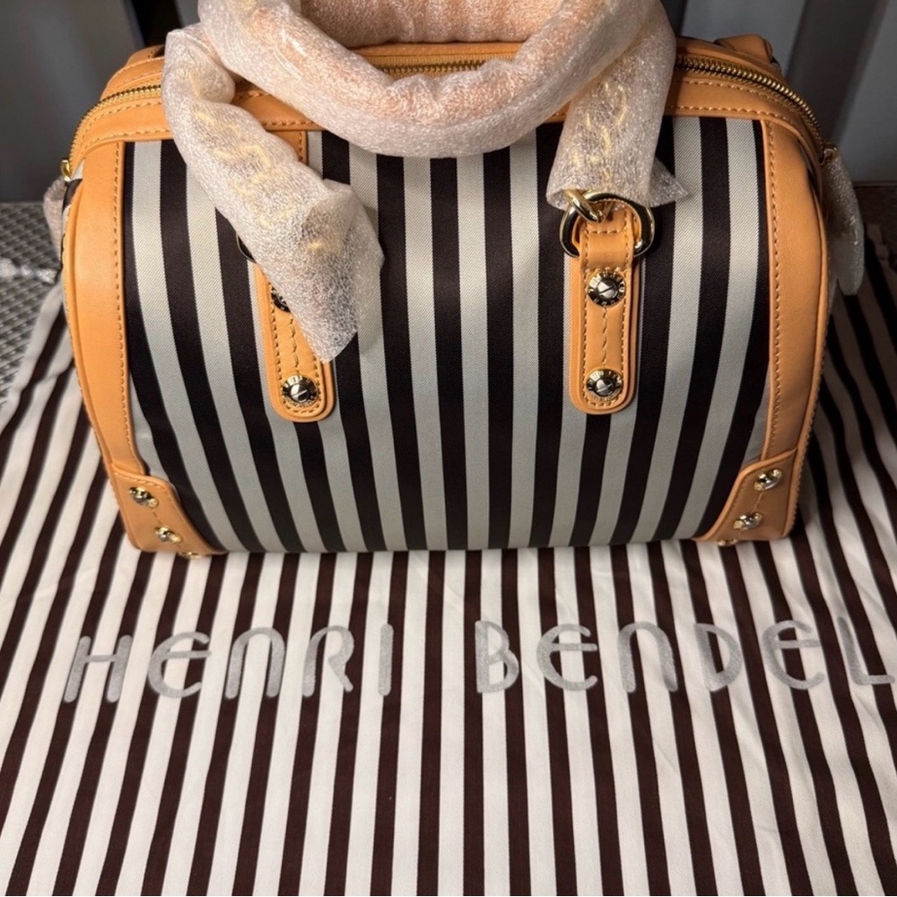 Henri Bendel Signature Stripe Barrel Bag with Brown and White Stripes